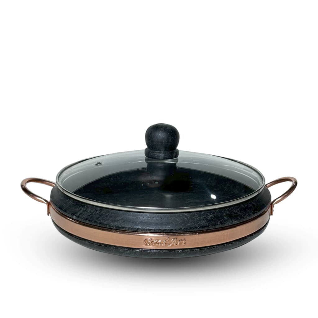 Frigideira De Pedra Sabão Frita Tudo Sem Grudar Tampa Chique de Vidro