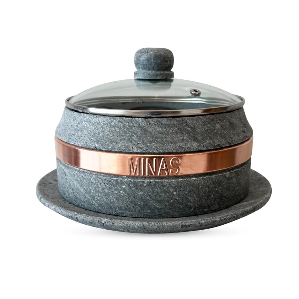 Queijeira Boleira De Pedra Sabão Rustica P Com Tampa de Vidro e Contorno de Cobre